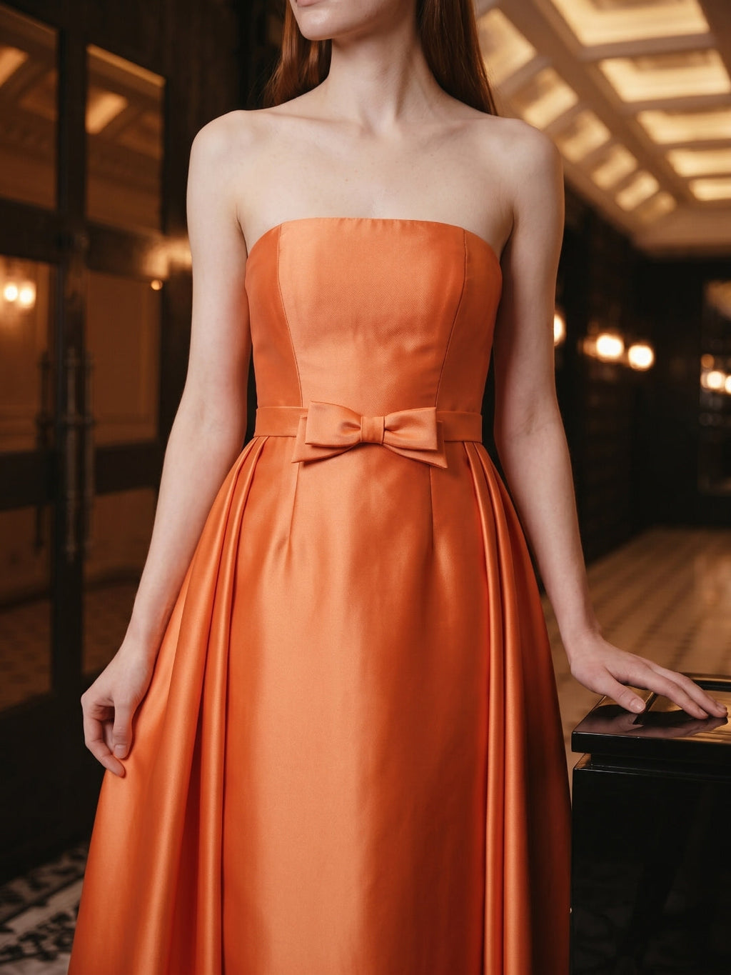 Orange Satin A-Line Straight Neck Back Zip Floor-Length Bridesmaid Dress with Pleats - Curvevia