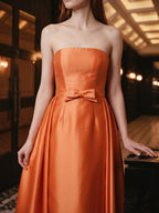 Orange Satin A-Line Straight Neck Back Zip Floor-Length Bridesmaid Dress with Pleats - Curvevia