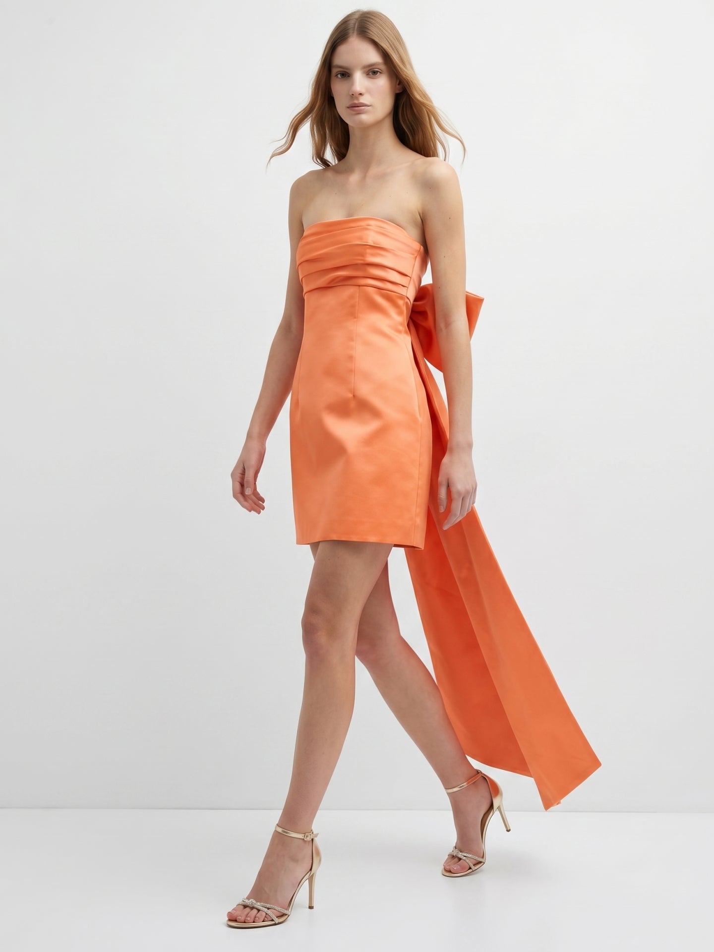 Orange Satin A-Line Straight Neck Backless Knee-Length Bridesmaid Dress with Bow - Curvevia