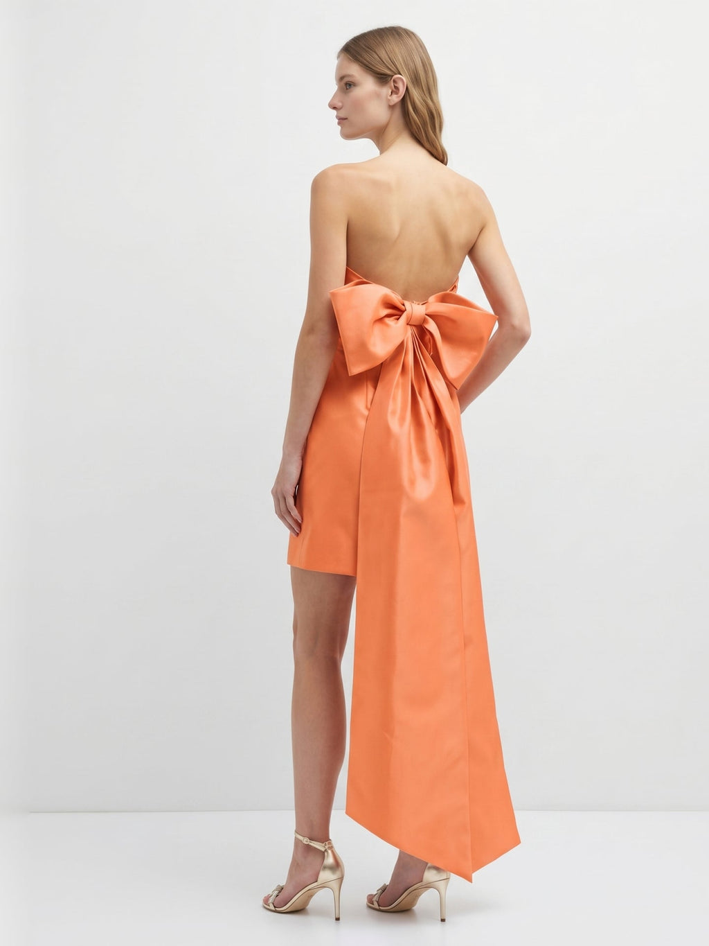 Orange Satin A-Line Straight Neck Backless Knee-Length Bridesmaid Dress with Bow - Curvevia
