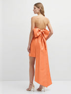 Orange Satin A-Line Straight Neck Backless Knee-Length Bridesmaid Dress with Bow - Curvevia