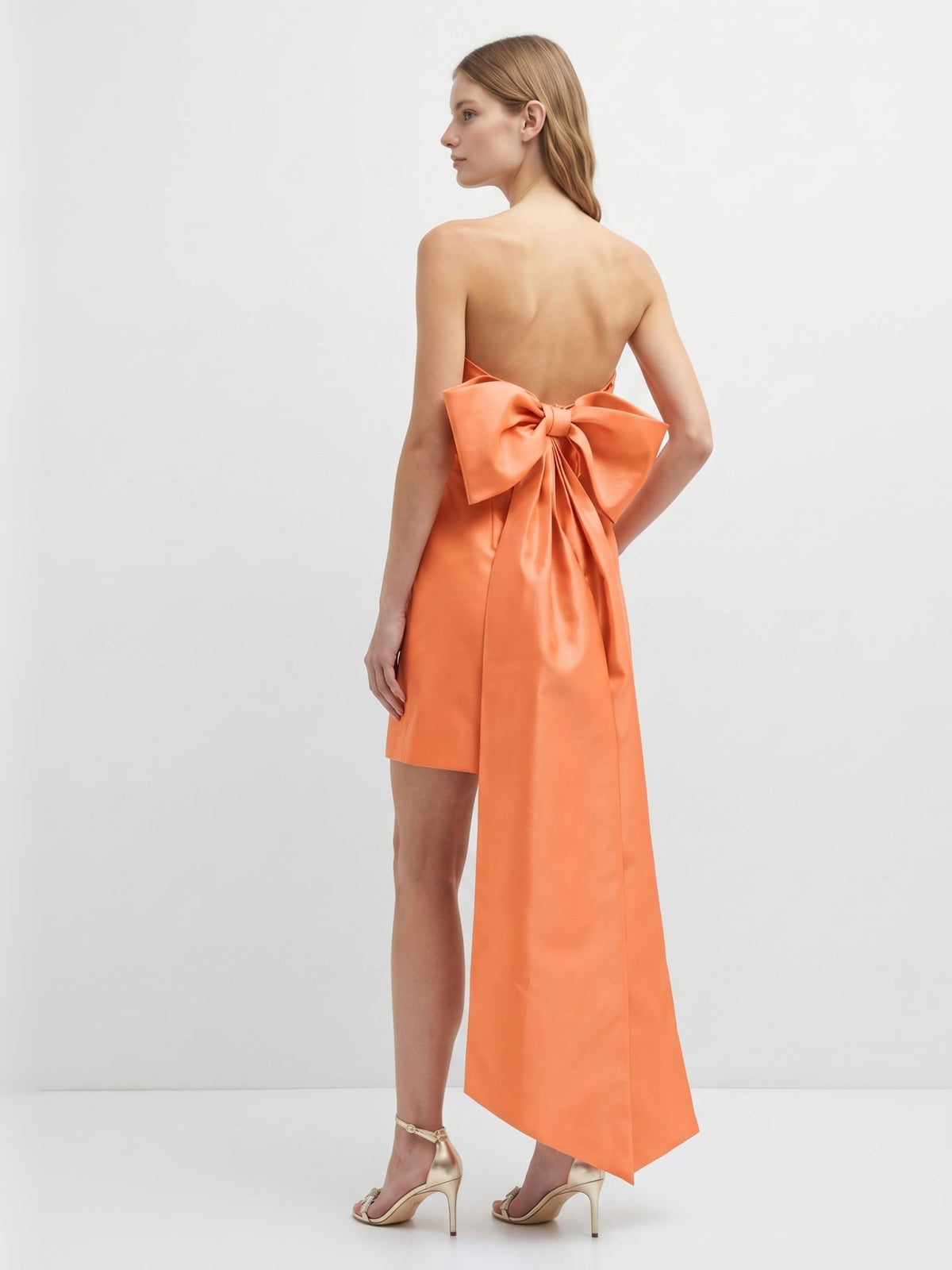 Orange Satin A-Line Straight Neck Backless Knee-Length Bridesmaid Dress with Bow - Curvevia