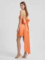 Orange Satin A-Line Straight Neck Backless Knee-Length Bridesmaid Dress with Bow - Curvevia