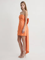 Orange Satin A-Line Straight Neck Backless Knee-Length Bridesmaid Dress with Bow - Curvevia