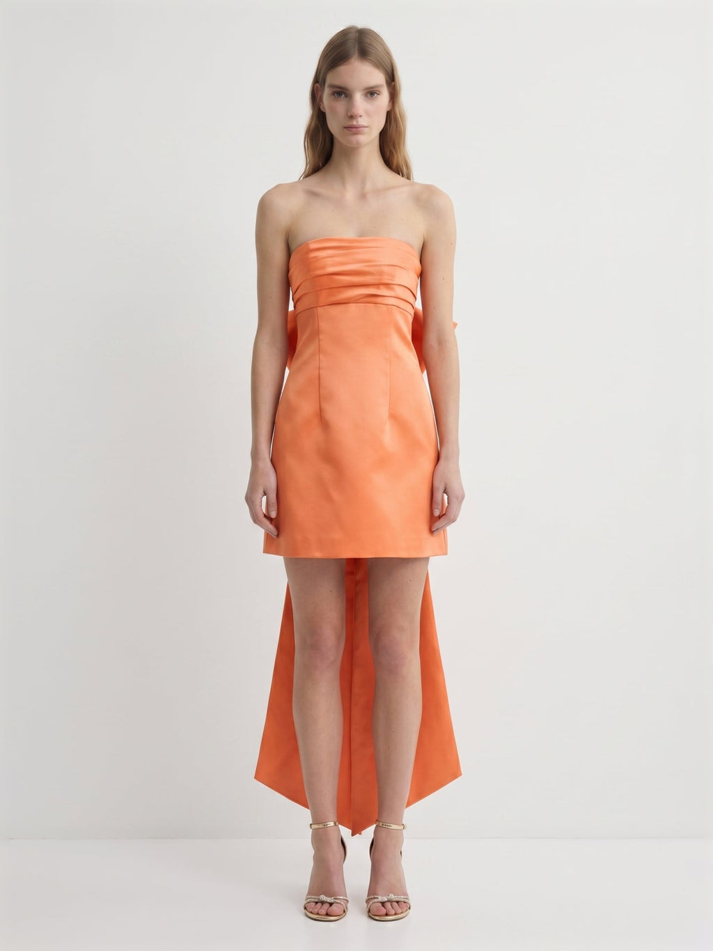 Orange Satin A-Line Straight Neck Backless Knee-Length Bridesmaid Dress with Bow - Curvevia