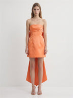 Orange Satin A-Line Straight Neck Backless Knee-Length Bridesmaid Dress with Bow - Curvevia