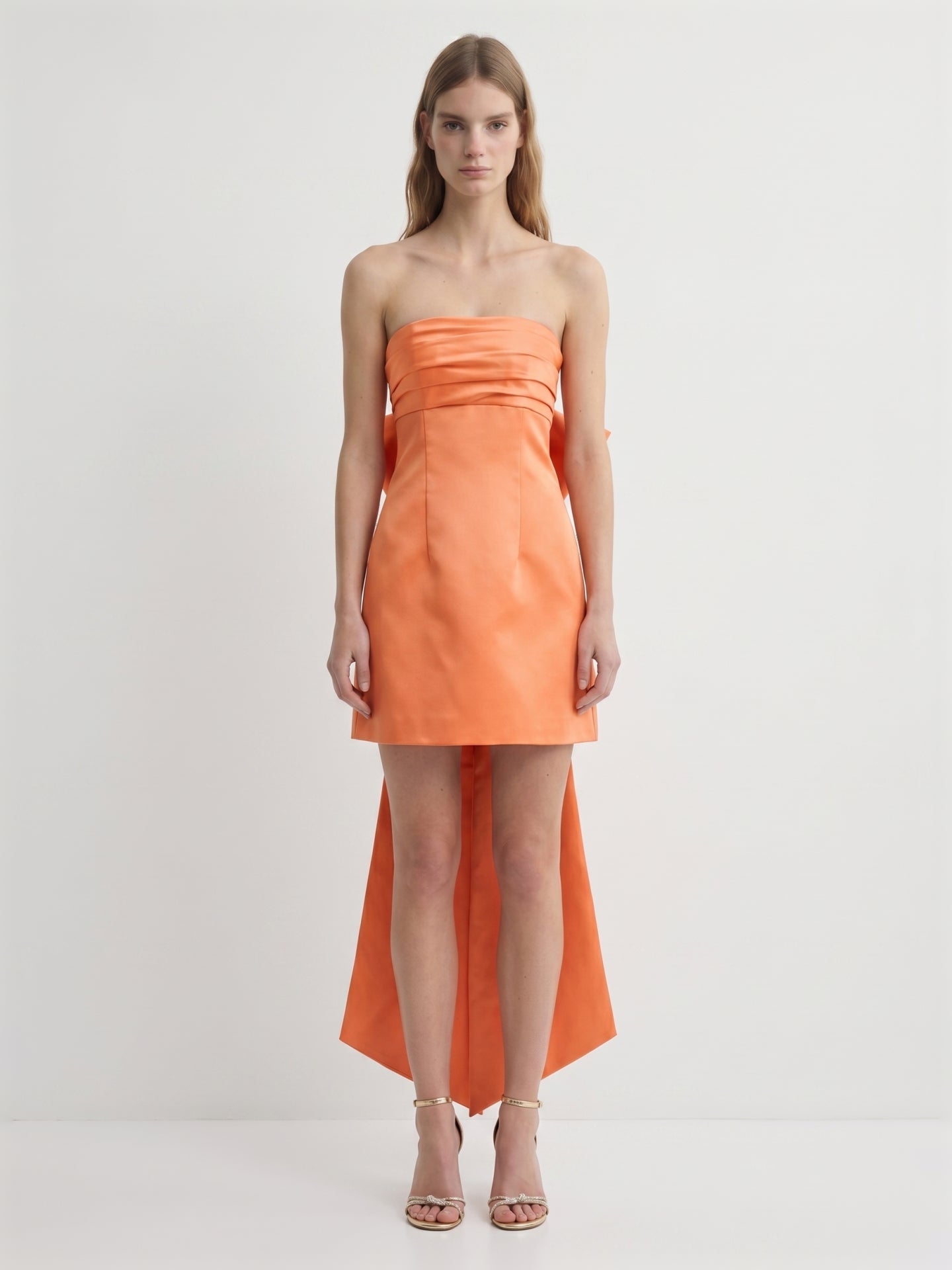 Orange Satin A-Line Straight Neck Backless Knee-Length Bridesmaid Dress with Bow - Curvevia