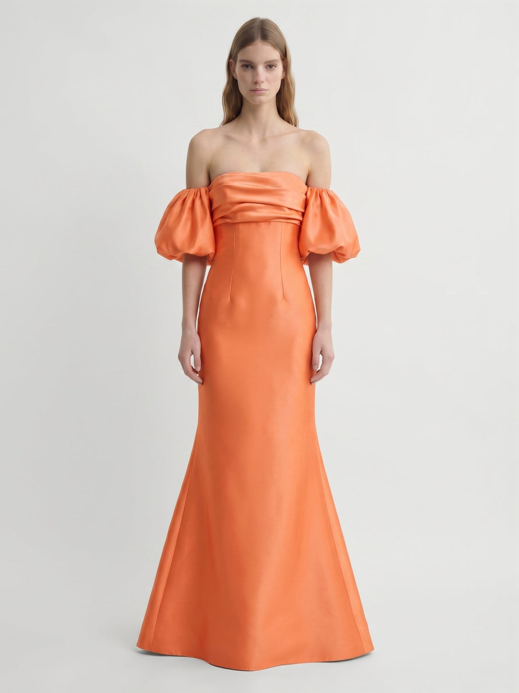 Orange Satin A-Line Straight Neck Floor-Length Bridesmaid Dress with Pleated Details - Curvevia