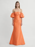 Orange Satin A-Line Straight Neck Floor-Length Bridesmaid Dress with Pleated Details - Curvevia