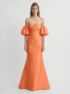 Orange Satin A-Line Straight Neck Floor-Length Bridesmaid Dress with Pleated Details - Curvevia