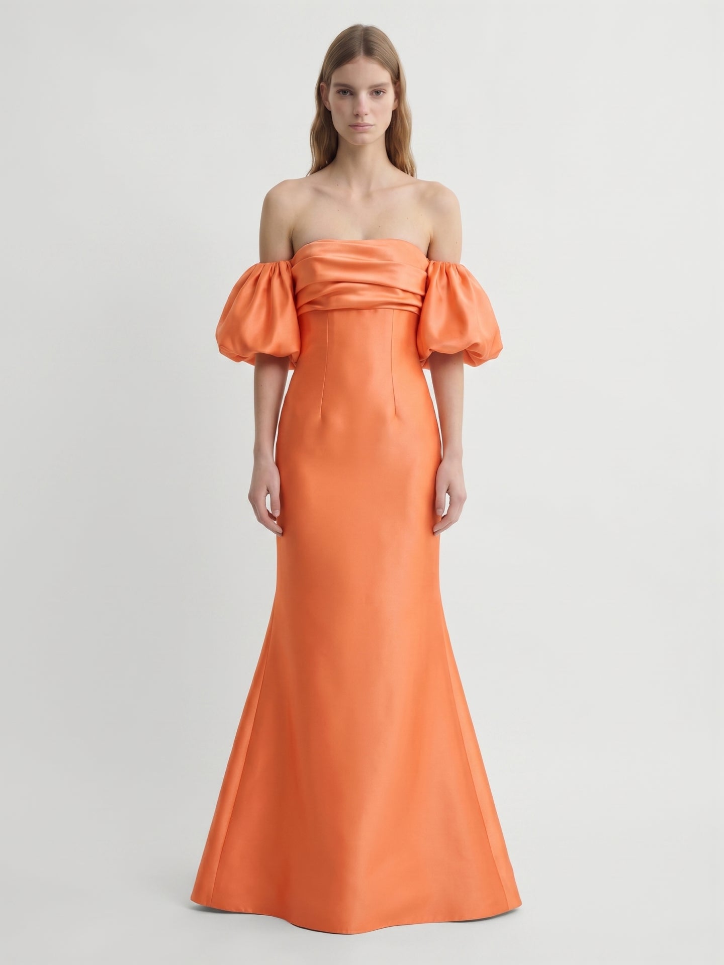 Orange Satin A-Line Straight Neck Floor-Length Bridesmaid Dress with Pleated Details - Curvevia