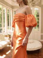 Orange Satin A-Line Straight Neck Floor-Length Bridesmaid Dress with Pleated Details - Curvevia