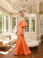 Orange Satin A-Line Straight Neck Floor-Length Bridesmaid Dress with Pleated Details - Curvevia