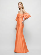 Orange Satin A-Line Straight Neck Floor-Length Bridesmaid Dress with Pleated Details - Curvevia