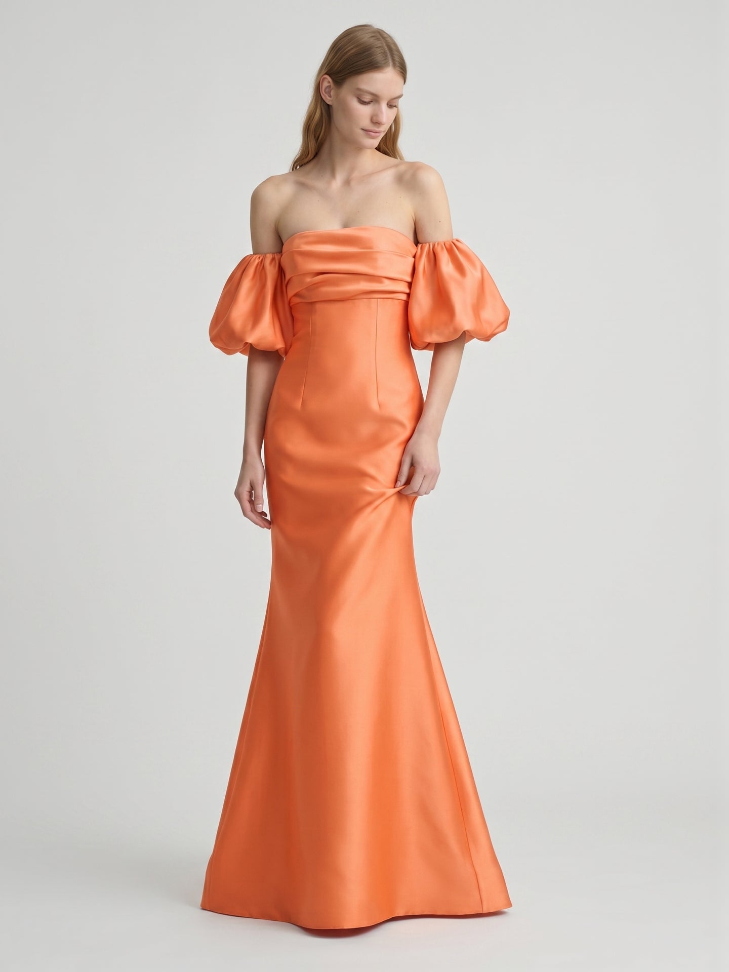 Orange Satin A-Line Straight Neck Floor-Length Bridesmaid Dress with Pleated Details - Curvevia