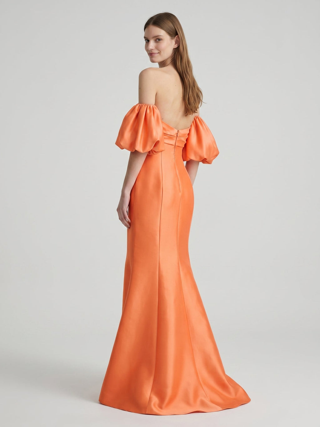 Orange Satin A-Line Straight Neck Floor-Length Bridesmaid Dress with Pleated Details - Curvevia