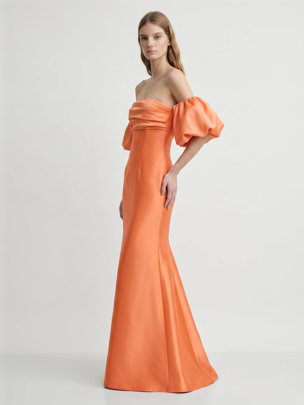 Orange Satin A-Line Straight Neck Floor-Length Bridesmaid Dress with Pleated Details - Curvevia