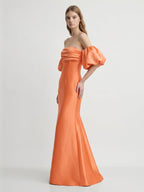 Orange Satin A-Line Straight Neck Floor-Length Bridesmaid Dress with Pleated Details - Curvevia