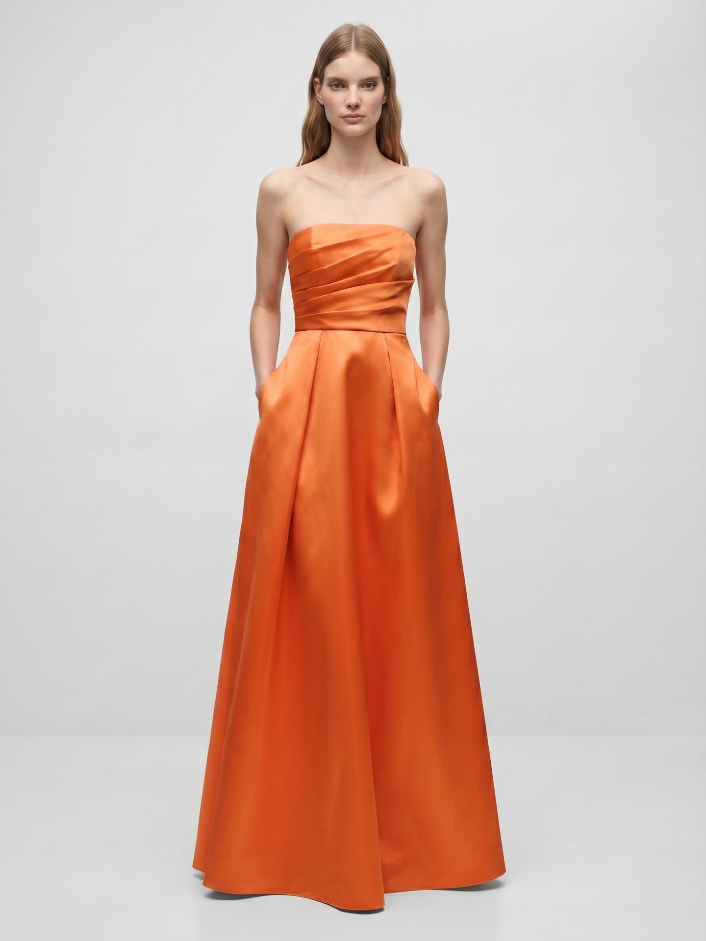 Orange Satin A-Line Straight Neck Floor-Length Bridesmaid Dress with Pleats - Curvevia
