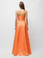 Orange Satin A-Line Straight Neck Floor-Length Bridesmaid Dress with Pleats - Curvevia