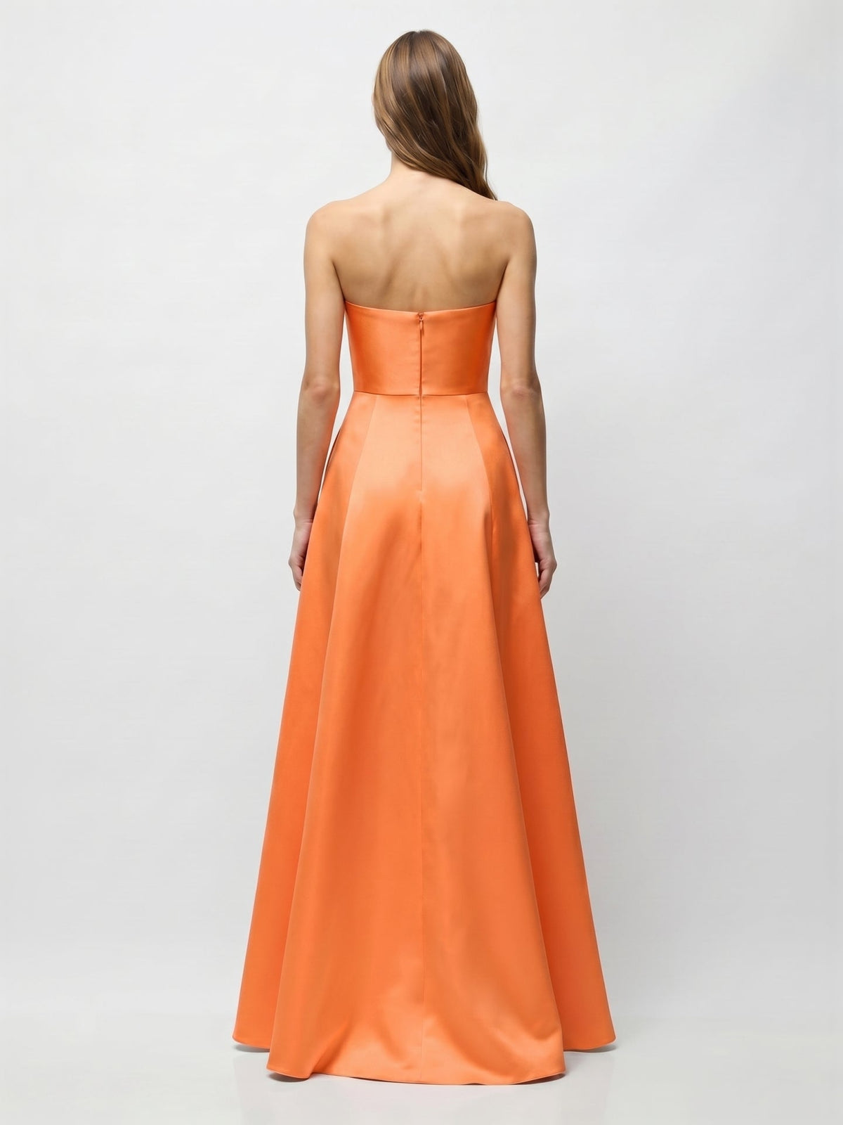 Orange Satin A-Line Straight Neck Floor-Length Bridesmaid Dress with Pleats - Curvevia