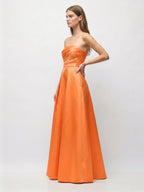 Orange Satin A-Line Straight Neck Floor-Length Bridesmaid Dress with Pleats - Curvevia