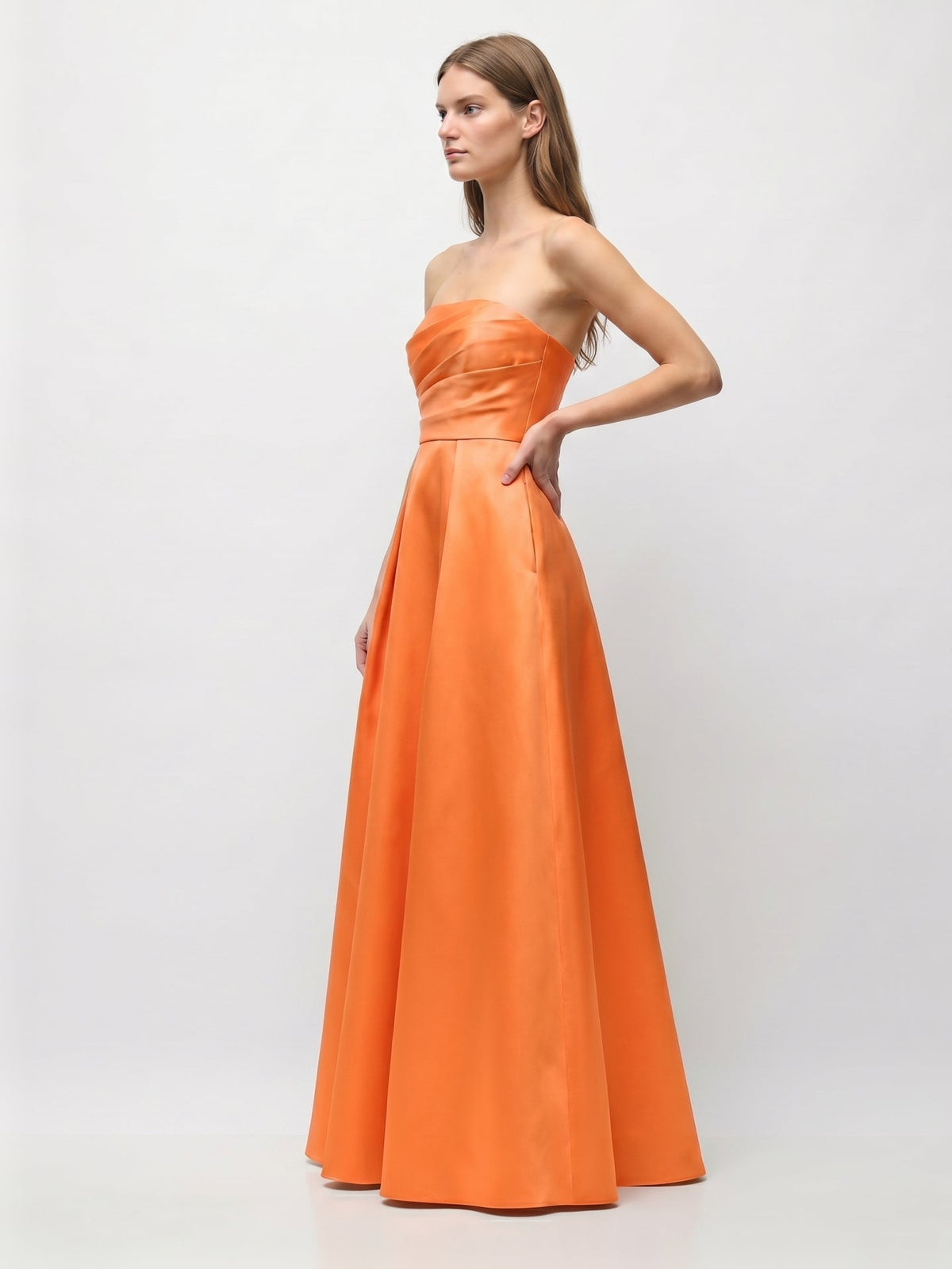 Orange Satin A-Line Straight Neck Floor-Length Bridesmaid Dress with Pleats - Curvevia