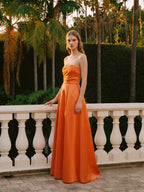 Orange Satin A-Line Straight Neck Floor-Length Bridesmaid Dress with Pleats - Curvevia