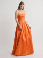 Orange Satin A-Line Straight Neck Floor-Length Bridesmaid Dress with Pleats - Curvevia