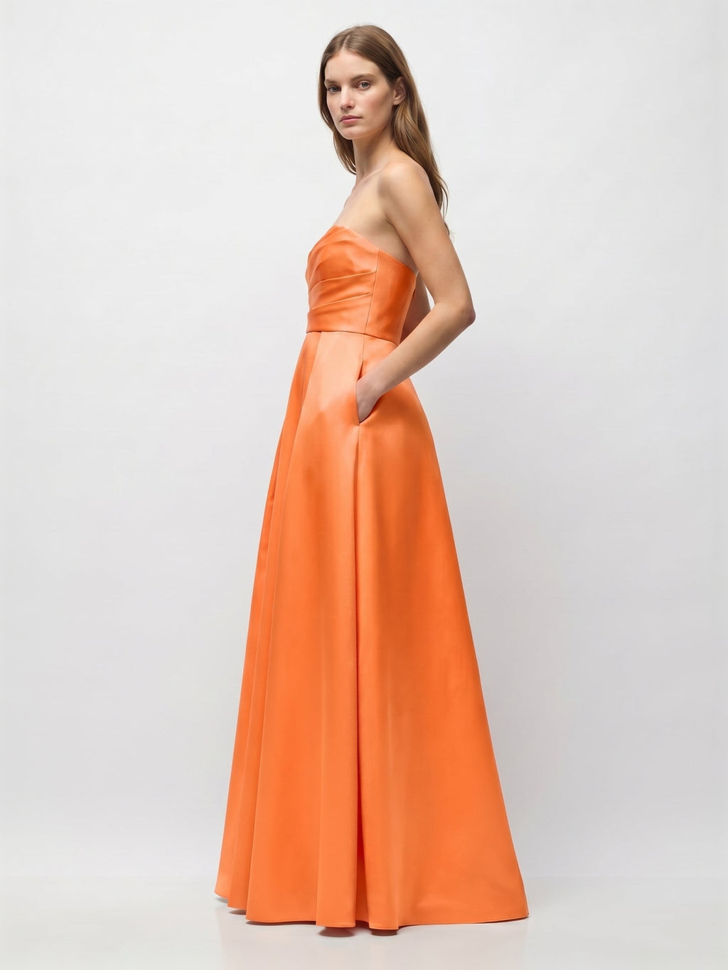 Orange Satin A-Line Straight Neck Floor-Length Bridesmaid Dress with Pleats - Curvevia