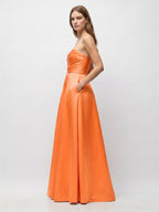 Orange Satin A-Line Straight Neck Floor-Length Bridesmaid Dress with Pleats - Curvevia