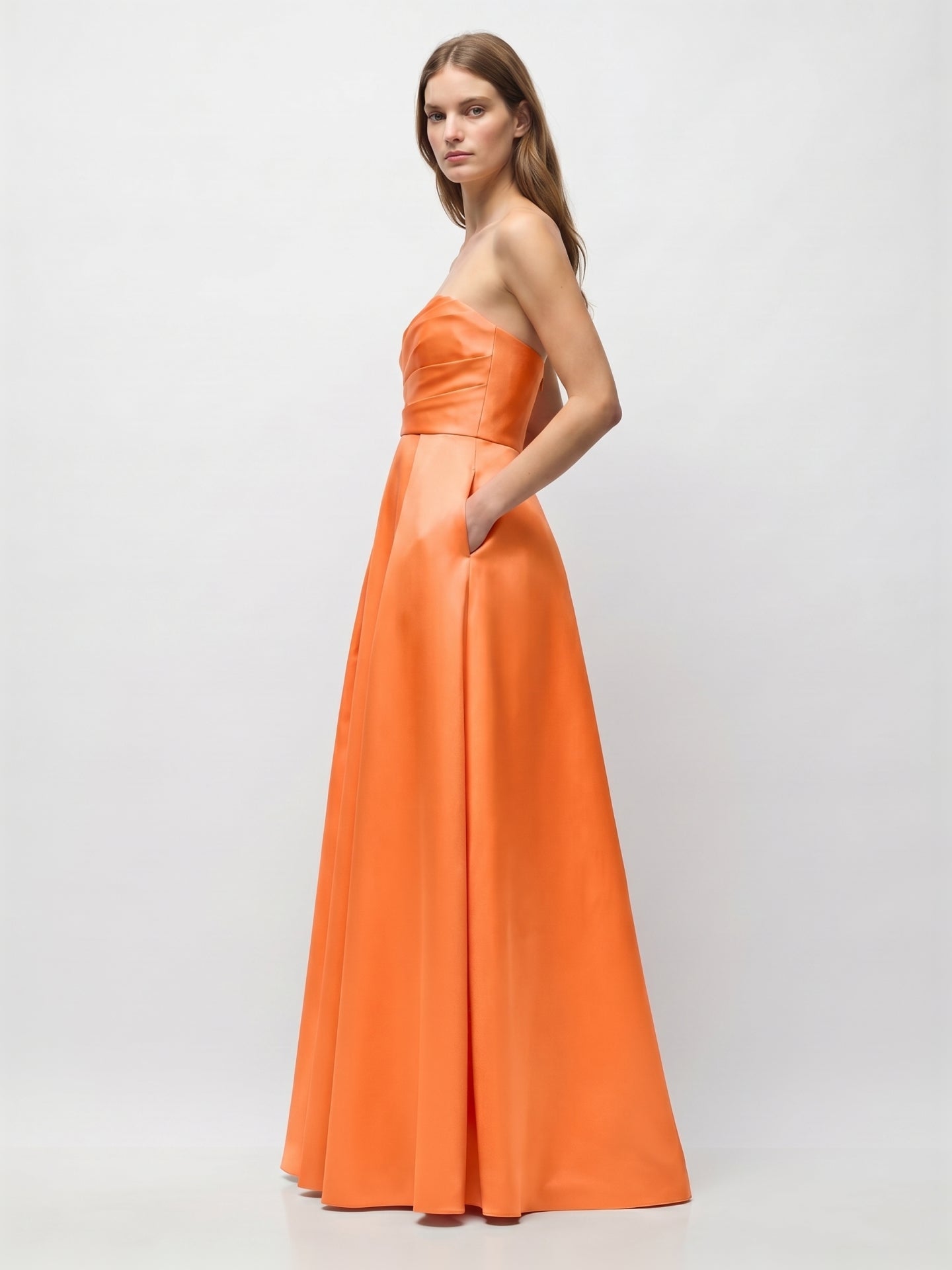 Orange Satin A-Line Straight Neck Floor-Length Bridesmaid Dress with Pleats - Curvevia