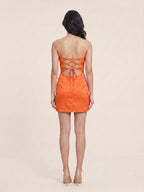 Orange Satin A-Line Straight Neck Keyhole Back Short Homecoming Dress with Pleats - Curvevia