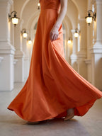 Orange Satin A-Line Sweetheart Back Zip Floor-Length Bridesmaid Dress with Pleats - Curvevia