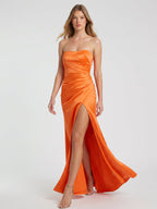 Orange Satin A-Line Sweetheart Backless Ankle Bridesmaid Dress with Pleated Details - Curvevia