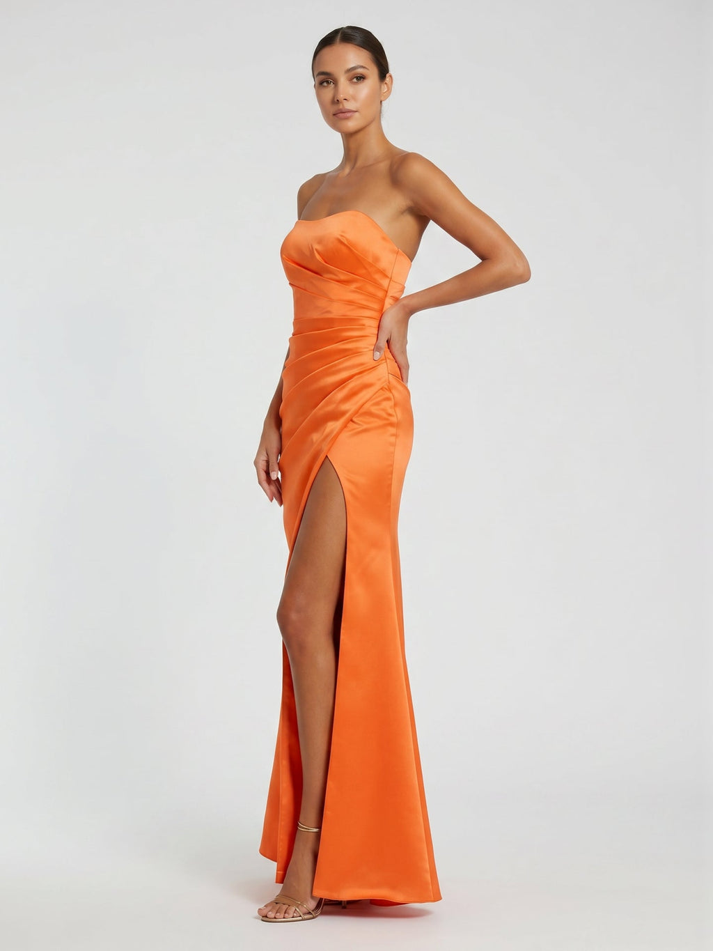 Orange Satin A-Line Sweetheart Backless Ankle Bridesmaid Dress with Pleated Details - Curvevia