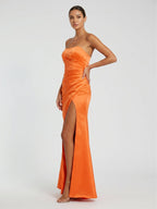 Orange Satin A-Line Sweetheart Backless Ankle Bridesmaid Dress with Pleated Details - Curvevia