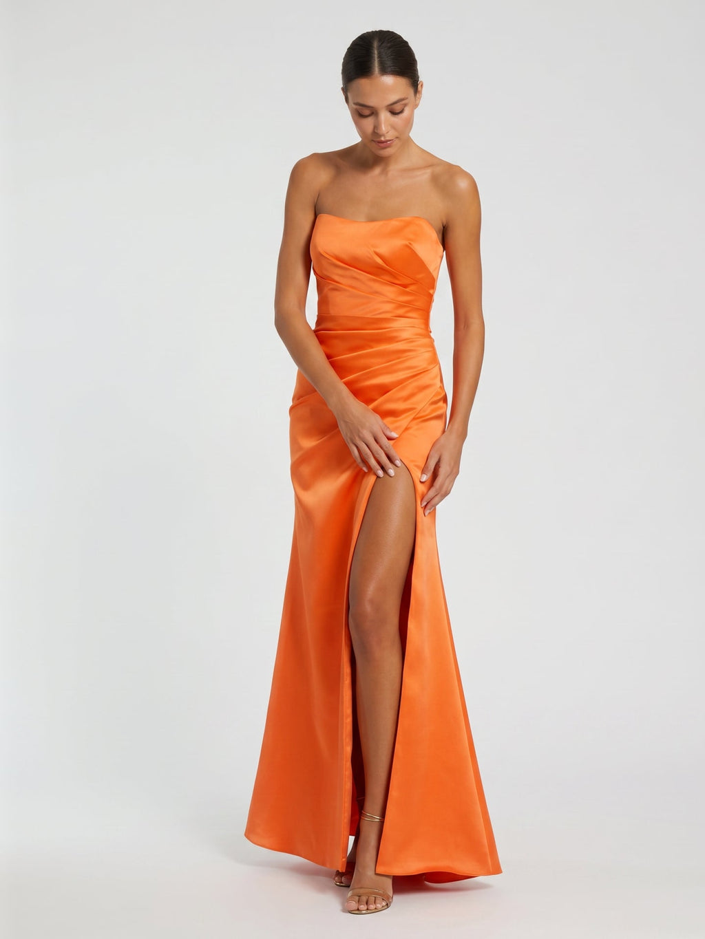Orange Satin A-Line Sweetheart Backless Ankle Bridesmaid Dress with Pleated Details - Curvevia