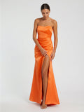 Orange Satin A-Line Sweetheart Backless Ankle Bridesmaid Dress with Pleated Details - Curvevia