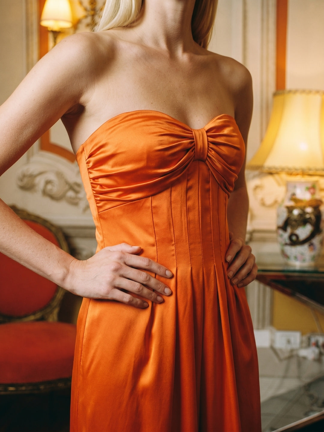 Orange Satin A-Line Sweetheart Lace-up Ankle-Length Bridesmaid Dress with Pleats - Curvevia