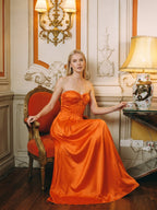 Orange Satin A-Line Sweetheart Lace-up Ankle-Length Bridesmaid Dress with Pleats - Curvevia