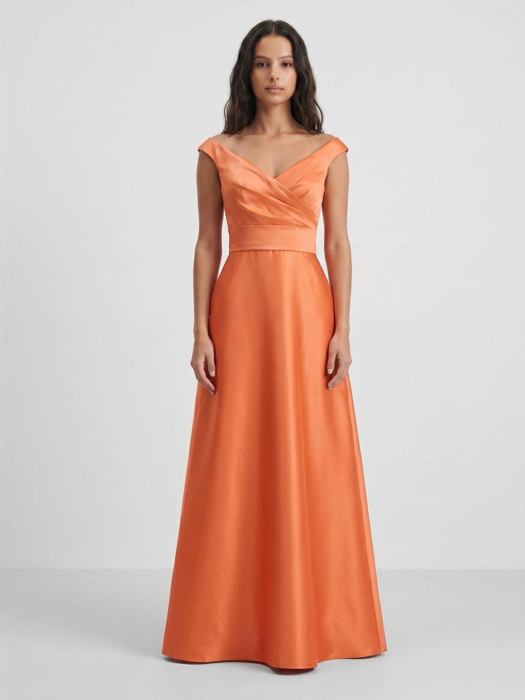 Orange Satin A-Line V-Neck Back Zip Floor-Length Bridesmaid Dress with Pleats - Curvevia