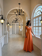 Orange Satin A-Line V-Neck Back Zip Floor-Length Bridesmaid Dress with Pleats - Curvevia