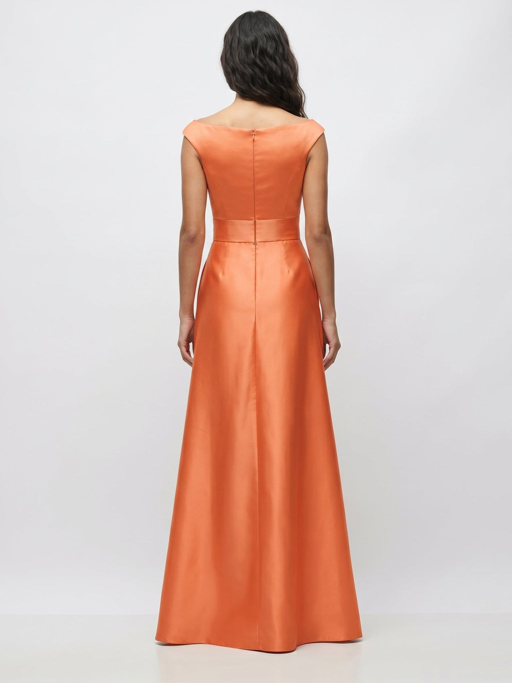 Orange Satin A-Line V-Neck Back Zip Floor-Length Bridesmaid Dress with Pleats - Curvevia
