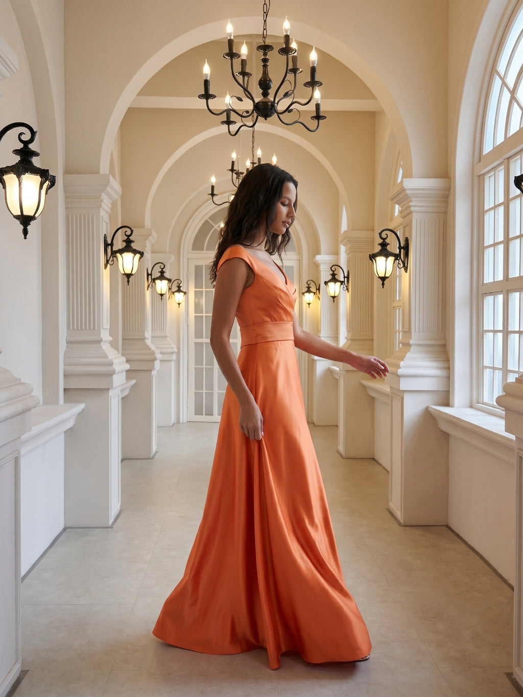 Orange Satin A-Line V-Neck Back Zip Floor-Length Bridesmaid Dress with Pleats - Curvevia