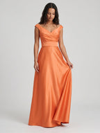 Orange Satin A-Line V-Neck Back Zip Floor-Length Bridesmaid Dress with Pleats - Curvevia
