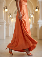 Orange Satin A-Line V-Neck Back Zip Floor-Length Bridesmaid Dress with Pleats - Curvevia