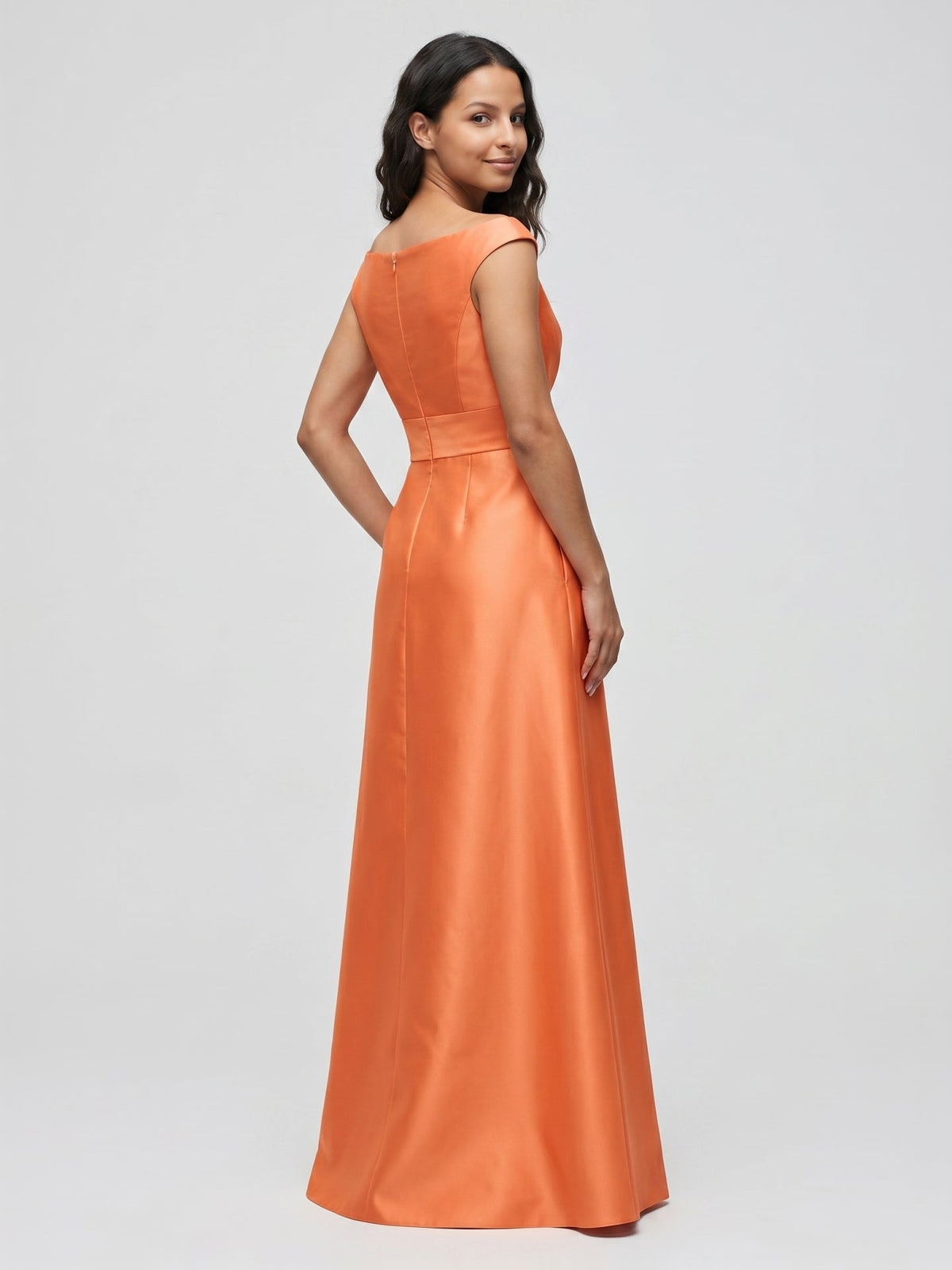 Orange Satin A-Line V-Neck Back Zip Floor-Length Bridesmaid Dress with Pleats - Curvevia