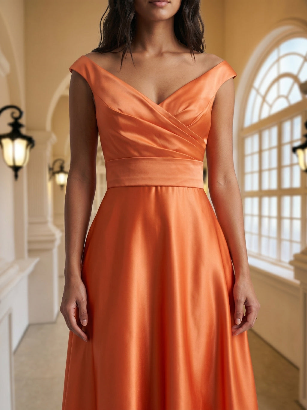 Orange Satin A-Line V-Neck Back Zip Floor-Length Bridesmaid Dress with Pleats - Curvevia