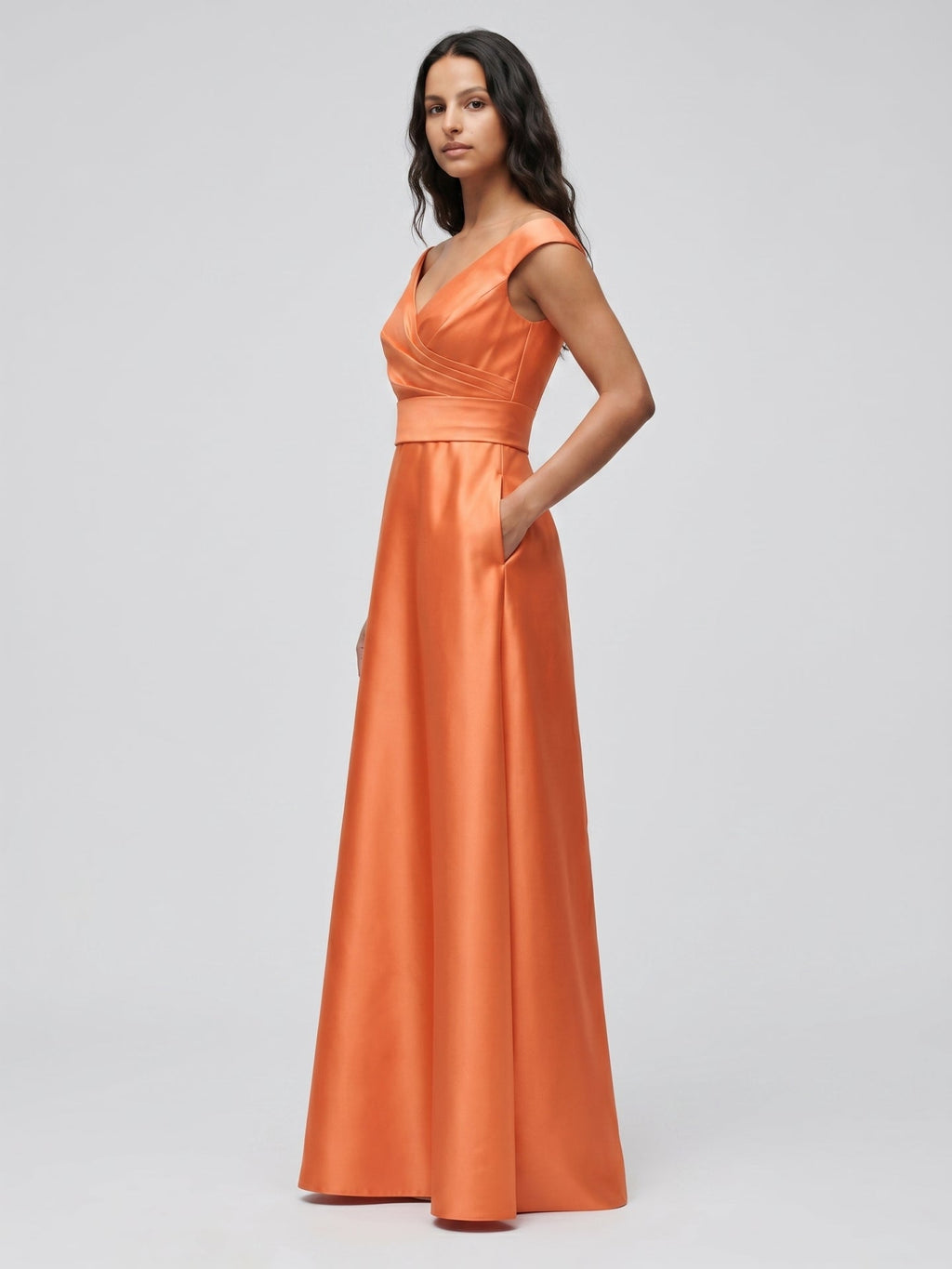 Orange Satin A-Line V-Neck Back Zip Floor-Length Bridesmaid Dress with Pleats - Curvevia